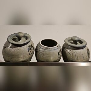 Vintage Stoneware pottery slanted ceramic canisters (2 with lids)